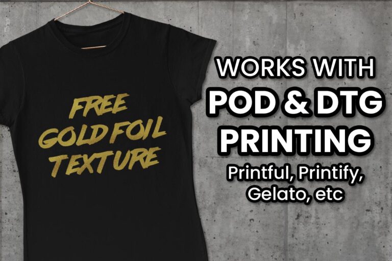 "Free Gold Foil Texture" printed on a black t-shirt against a concrete wall