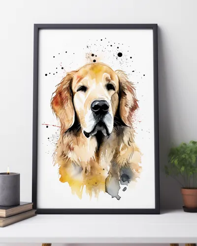 Watercolor portrait of a golden retriever. Black frame, sat on a table.