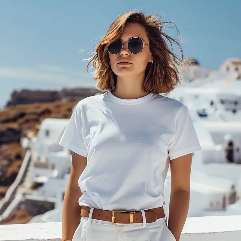 Stylish woman wearing a blank white t-shirt standing in a Mediterranean setting