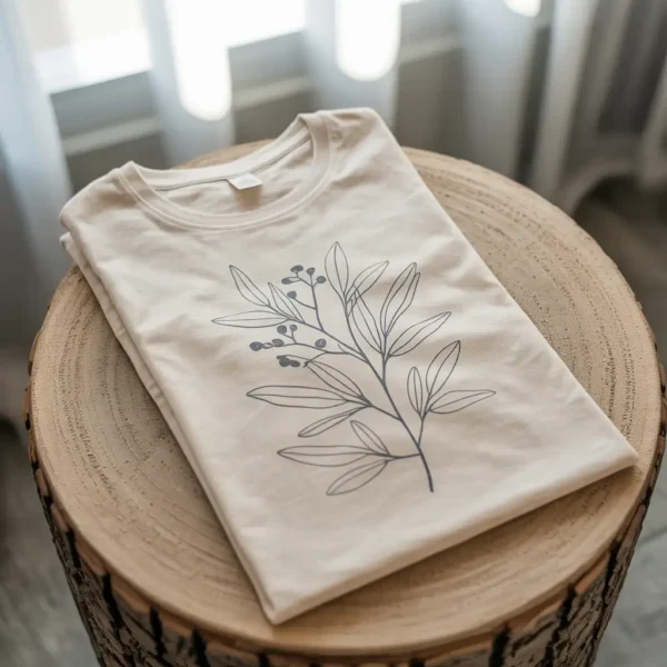 AI generated product image using the prompt: Minimalist botanical line art on cream organic cotton t-shirt, flat lay product photo, natural lighting